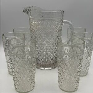 Vintage Glass Pitcher & 6 Tumblers Set – Diamond Pattern Water/Lemonade Set